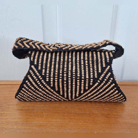 Vintage wood cork trapezoid bag boho beaded stripe minaudiere geometric novelty - Picture 1 of 10
